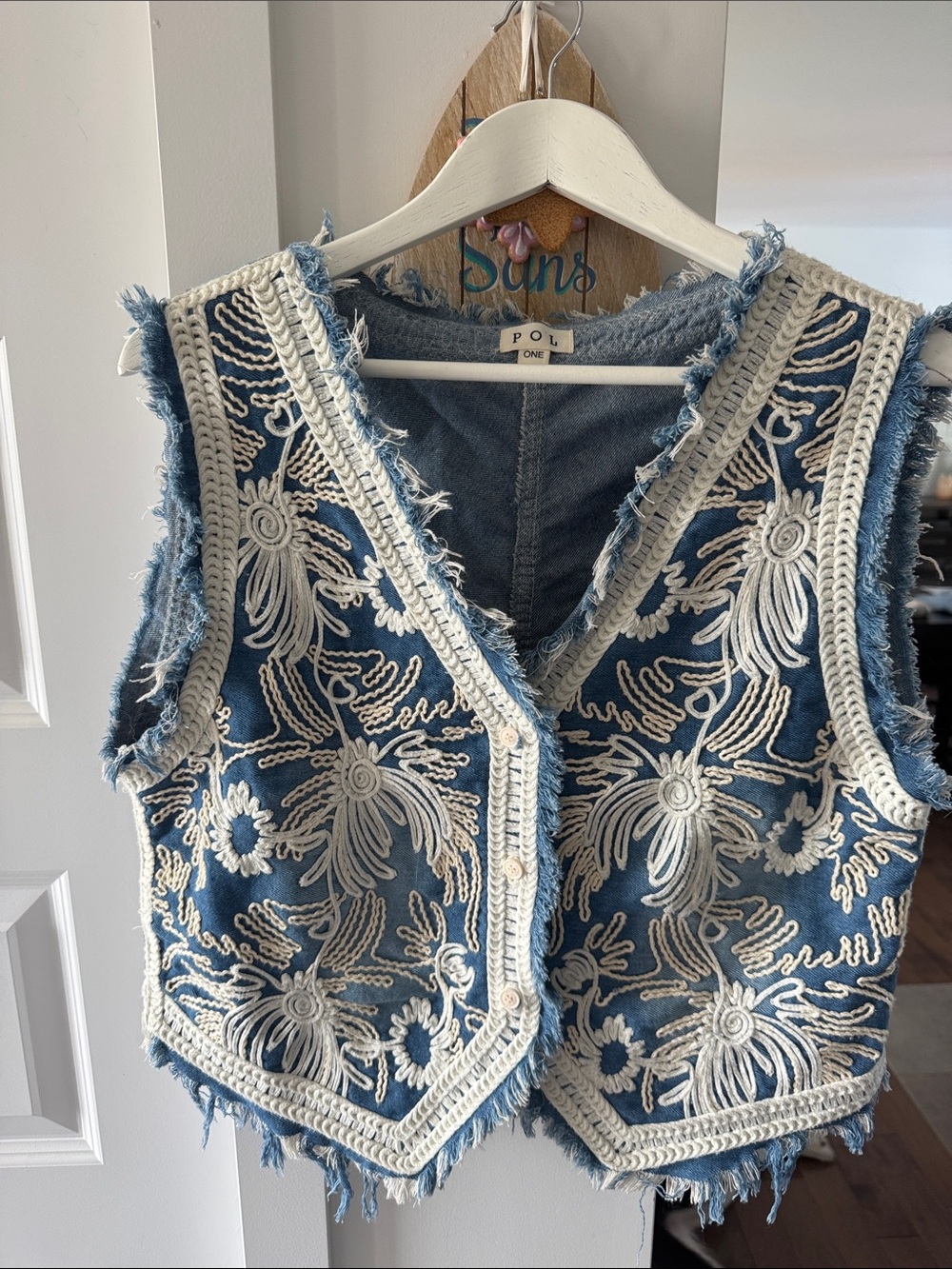 POL Blue Denim Vest with Cream Crochet Embroidery
